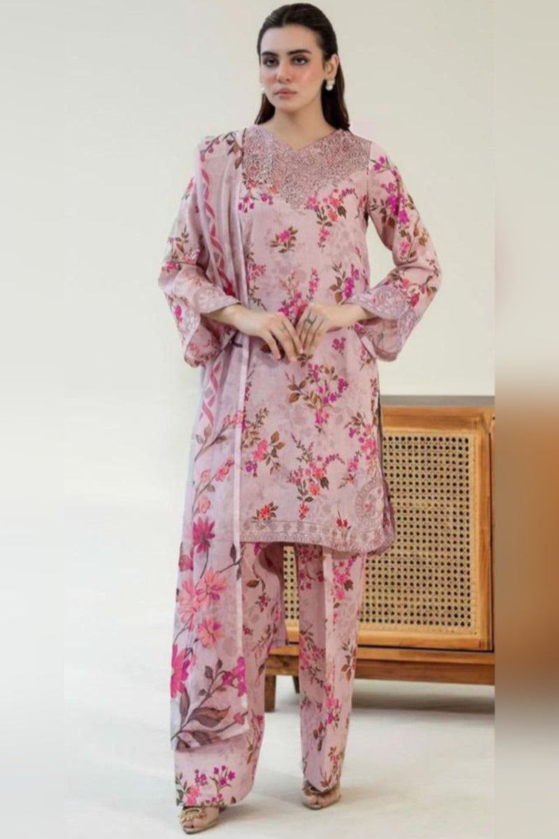 3Pc Embroidered +Printed Suit-RG539